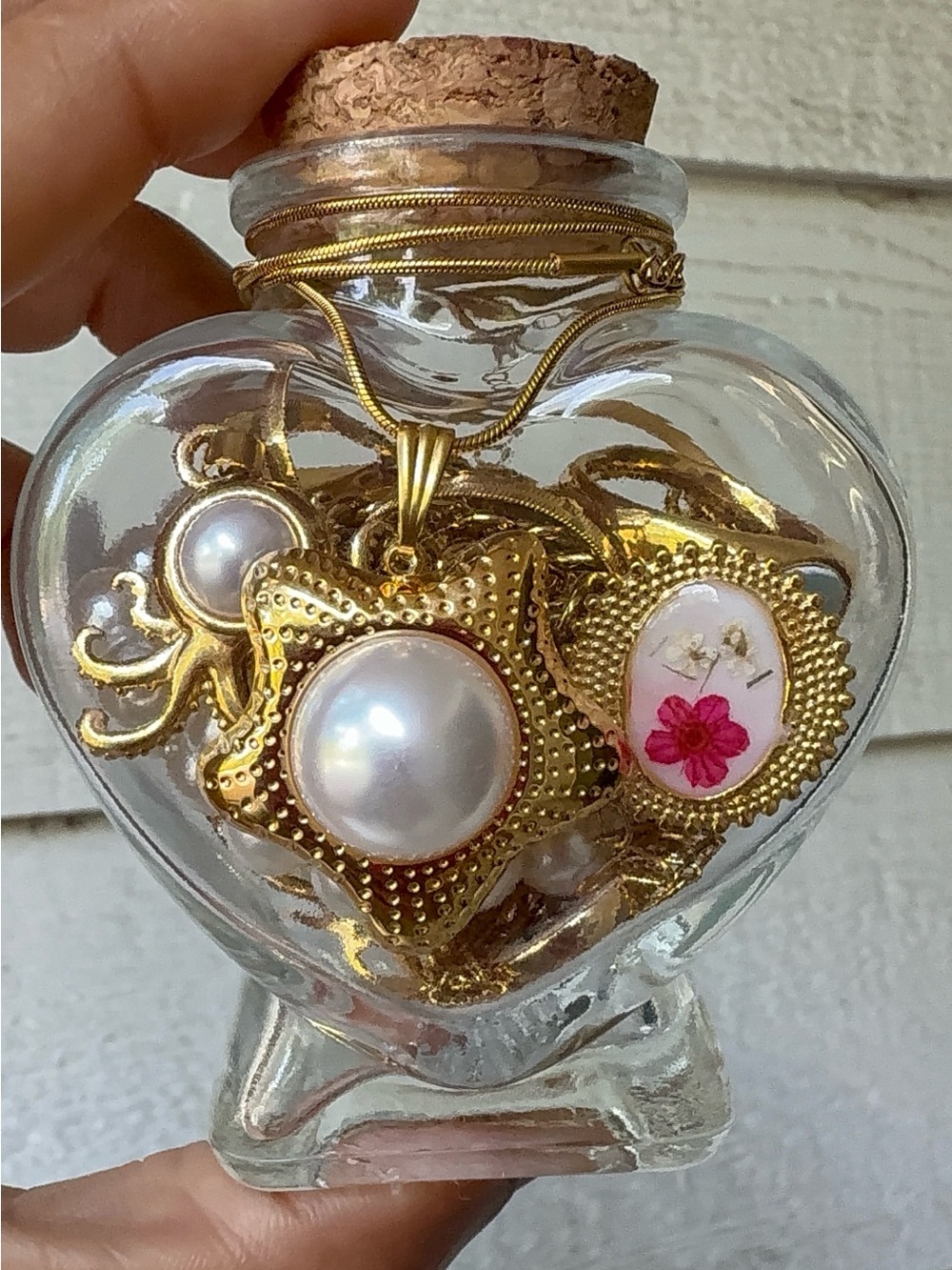 Gold-Tone Star Pearl Pendant Necklace with Pink Floral Accent